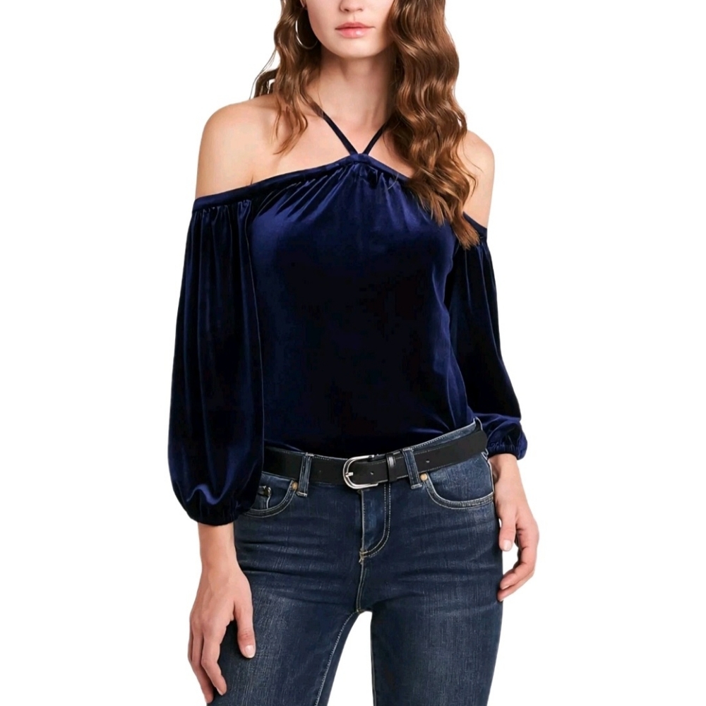 1. STATE Cold Shoulder Velvet Navy Blue Halter Top